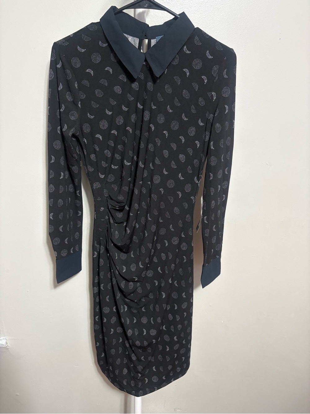 Modcloth Black Long-Sleeve Collared Printed Dress